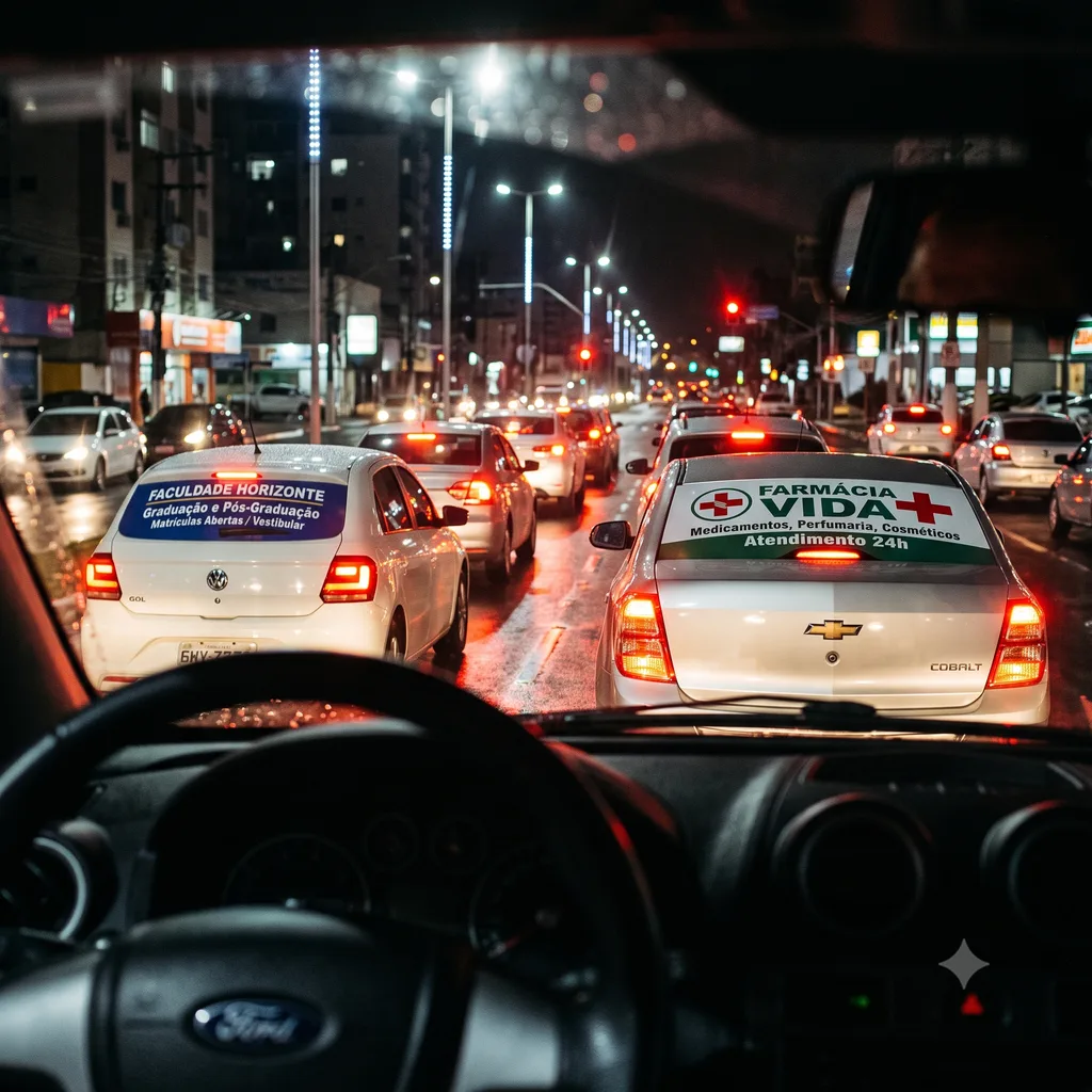 Trânsito noturno visto de dentro do carro, com anúncios aplicados no vidro traseiro dos carros à frente
